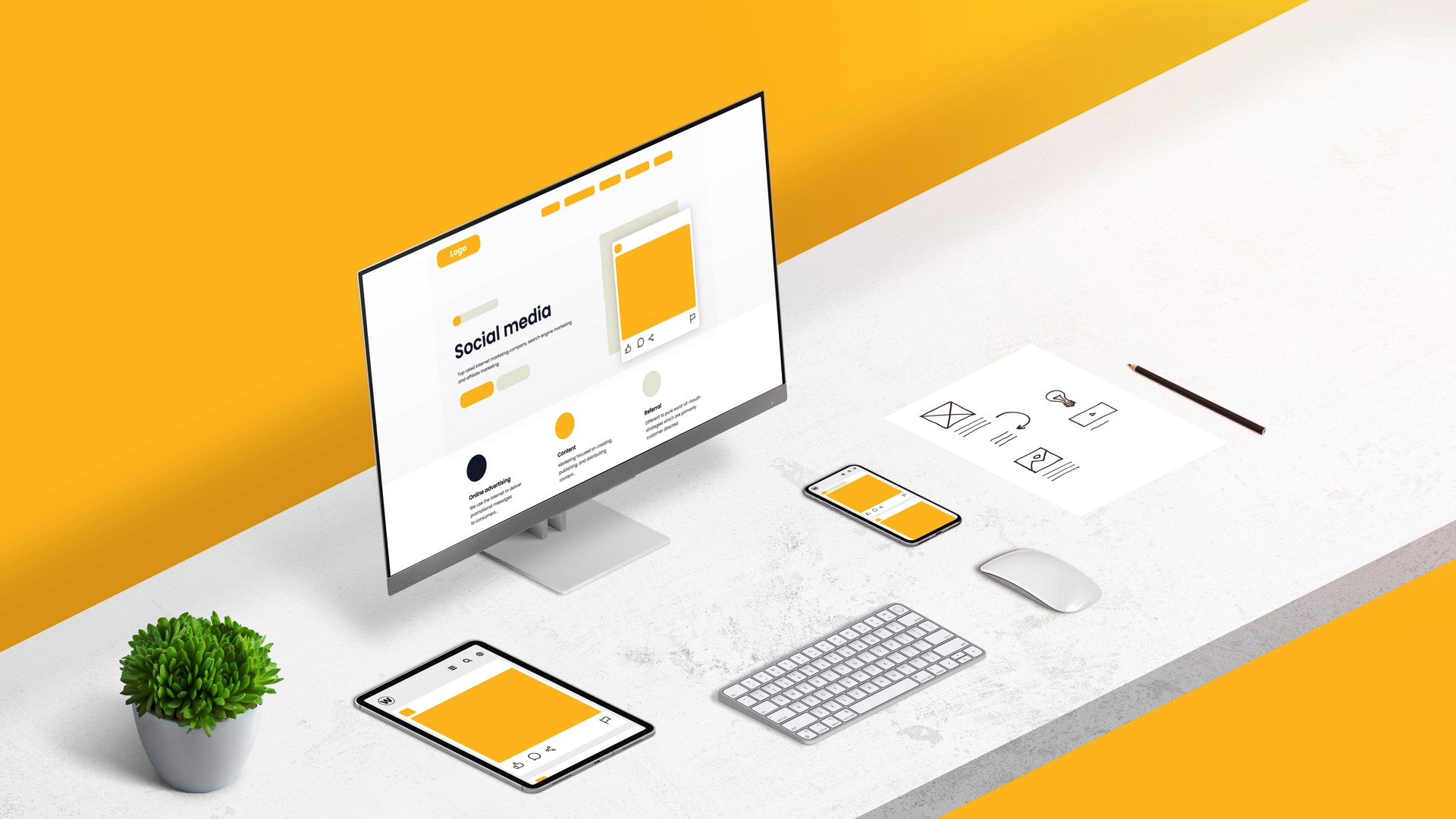 Social media marketing concept. Office desk with computer display, tablet and smart phone with social media widnow layout